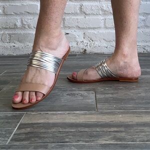 Silver and Tan Women's Slide Sandals